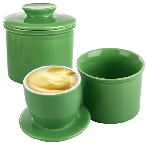 LOPYXBR 2Packs Butter Crock Green, 10.5x9CM Ceramic Butter Bell Green Dish with Lid, Dishwasher Safe Butters Keeper with Water Line for Fresh Spreadable Butters
