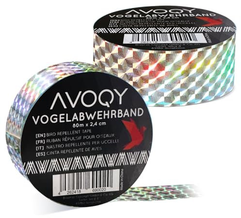 AVOQY Premium Vogelabwehr-Band Reflektierend [80m x 2,4cm], Reflektor-Band Vogel-Schreck Schutz Pflanze Obst-Bäume Frucht Blüte, Flatterband Taubenabwehr vertreiben Haus Garten Balkon, Vogelband