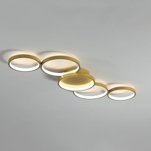 AQLEDY LED Deckenleuchte Modern, 5 Ringe Design, Dimmbar mit Fernbedienung und App-Steuerung, Weiß (Gold)