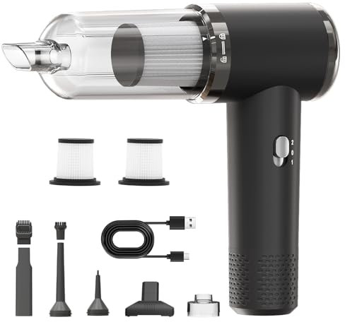 letiziai Aspirapolvere Auto Potente, 5200mAh Aspirabriciole Senza Fili Potente per Auto & Casa, 3-in-1 Mini Aspirapolvere Senza Fil, Ricarica USB, Rimozione Peli Animali + 2 Filtri Lavabili, Nero