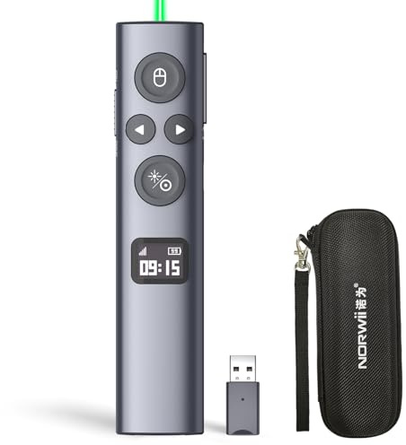 Norwii N95s BLE Presentation Clicker avec Pointeur Numérique pour Présentation PowerPoint sur Écran TV/Projection, Présentateur sans Fil à Distance avec Compte à Rebours (Verte - USB-A)