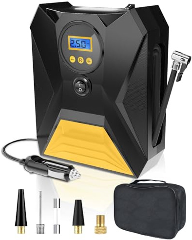 Lorrtta Gonfleur Pneus Voiture Portable, 12V, Affichage Numérique, Mémoire Intelligente, Arrêt Automatique, Quatre Unités Mesure, Gonflage Rapide, Lumière LED, pour Voiture, Vélo, Moto, Balle (Jaune)