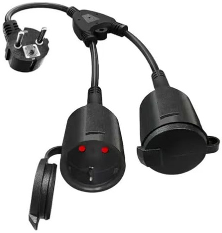 Doppelstecker für Steckdose, Verlängerungskabel mit 2 Schuko Steckdosen, 16A/250V/Max, Mehrfachsteckdosenadapter für Zuhause Büro und Außenbereich, IP44 Wasserdicht 1.5 mm² (Schwarz, 2 in 1)