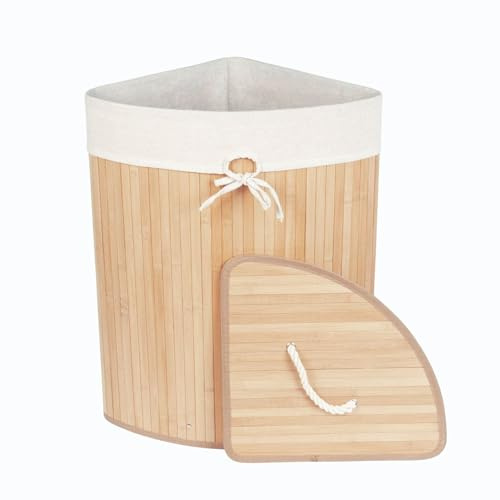 NUXIO Hörntvättkorg av bambu ARCO – 60 l tvättkorg med lock – tvättbehållare med tvättpåse 35 × 35 × 60 cm