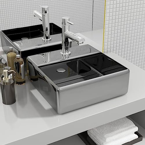 Lavabo da Appoggio in Ceramica Argento, con Foro Rubinetto, Design Moderno per Bagno o Toilette, 38 x 30 x 11.5 cm