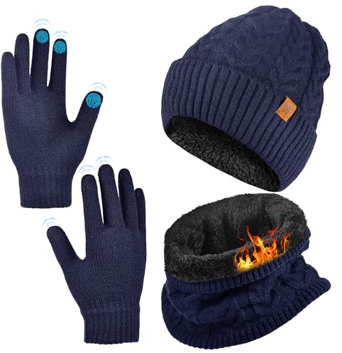 Chumix Mütze, Schal & Handschuh-Sets für Damen Herren, Slouchy Beanie Mütze Herren Winter Schlauchschal Winterhandschuhe Touchscreen Handschuhe für Kaltes Wetter 3-in-1 Geschenk Set für den Winter