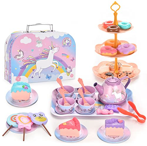 Juego de té de 48 piezas, juego de plástico para fiestas de té con soporte para cupcakes y postres de comida, juego de utensilios de cocina reutilizables, juego de rol simulado para mayores de 3 años