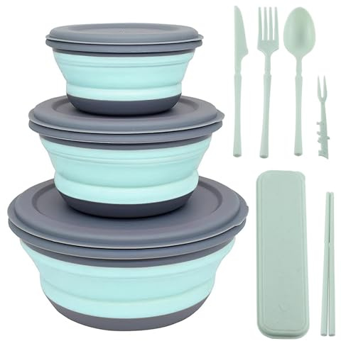 YAOBVIS Collapsible Bowl, 3 Pcs Food Grade Silicone Camping Bowl, Expandable Salad Bowl Lunch Box with Lid & Tableware for Travel and Picnic (Blue)