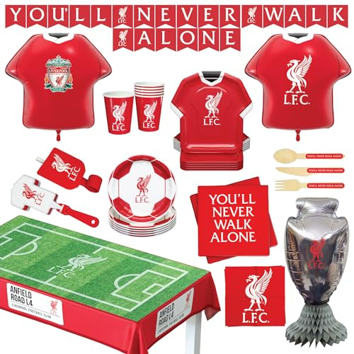 Liverpool - Juego de suministros oficiales para fiestas, 77 piezas de decoración de fiesta de fútbol, sirve 6, con globos y vajilla | Para cumpleaños y celebración del partido