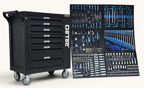 Chrono Werkstattwagen Bestückt - Werkzeugwagen mit 7 Schubladen in Schwarz | Mobiler Werkzeugschrank gefüllt mit Werkzeug, 6 bestückte Fächer, Seitentüre & Rollen, ideal für die KFZ Werkstatt