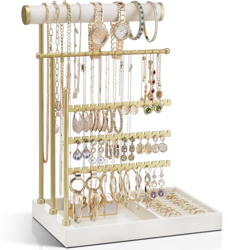Vlando Schmuckständer mit Ringhalter, Schmuckaufbewahrung Halskettenhalter, Schminktisch Organizer mit Ablage,Zimmer Deko Halterung, Ohrringhalter,Weiß