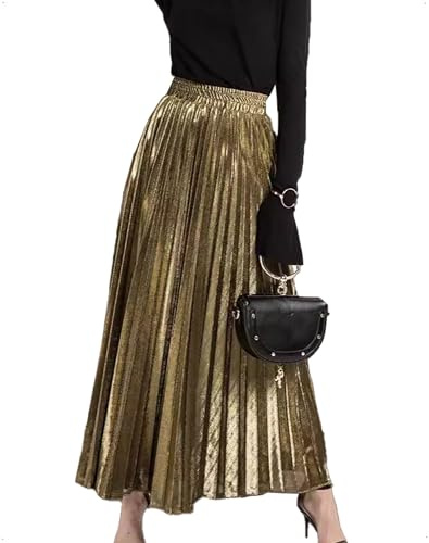 EMOTTOS Automne Hiver Jupe Longue Femme Plissée Métallisée, Jupe Maxi à Taille Élastique Haute, Style A-Line Élégant Brillant pour Bureau, Mariage et Soirée, Or, Taille Unique