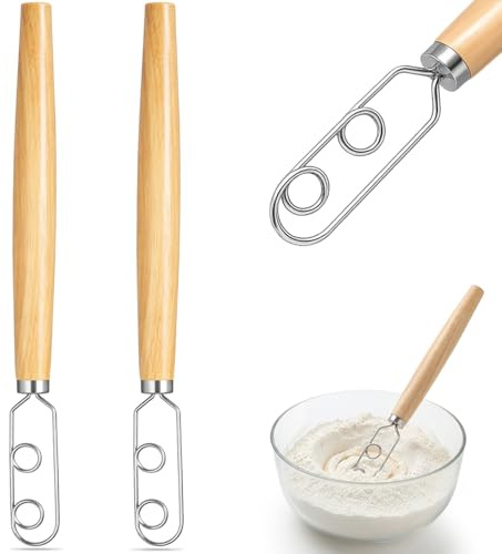 Zhehao 2 Pcs 13 Inch Sourdough Starter Stirring Hook Danish Dough Whisk Wooden Dutch Mixer Hand Utensil with Stainless Steel Dough Hook for Bread, Pizza, Pastry, Cake Batter Making Tool
