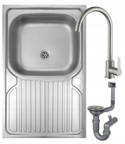 Deftrans – Fregadero de cocina de 80 x 60 cm de acero inoxidable con escurridor, juego completo con grifo, fregadero con grifo y sifón, fregadero de acero inoxidable para 80 cm