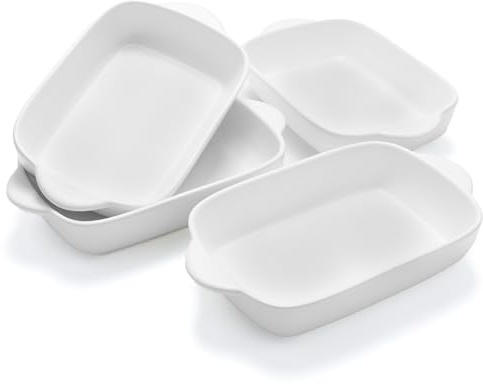 4er Set Auflaufform Klein, Weiß Porzellan Backform, 23x13 cm Rechteckige Gratinform für Ofen, Kleine Ofenform mit Griffen für Lasagne, Gratin & Beilagen, Spülmaschinenfest