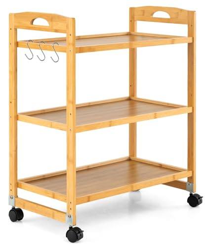 COSTWAY 3 Tier Bamboo Serving Trolley, Kitchen Storage Cart with Lockable Wheels, Handles & 3 Hooks, Mobile Utility Shelves Rack Organizer for Living Room Office Restaurant (3 Tier, 60 x 33 x 72cm)