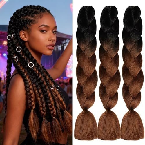Kanekalon Meches Tresse Cheveux, Meches Pour Tresses Africaine, ShowJarlly 24Jumbo Braids Meches 3Paquets Extension de Cheveux Tresse Ombre Jumbo Extension de Fibre Synthétique(Noir/Rouge Pourpre#)