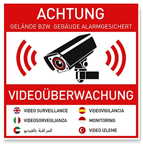 7 x Aufkleber Videoüberwachung (10 x 10 cm) - Sticker für mehr Sicherheit - Rückseite Geschlitzt - Achtung Videoüberwachung - Warnhinweis - Videoüberwachung Aufkleber Mehrsprachig (10x10cm)