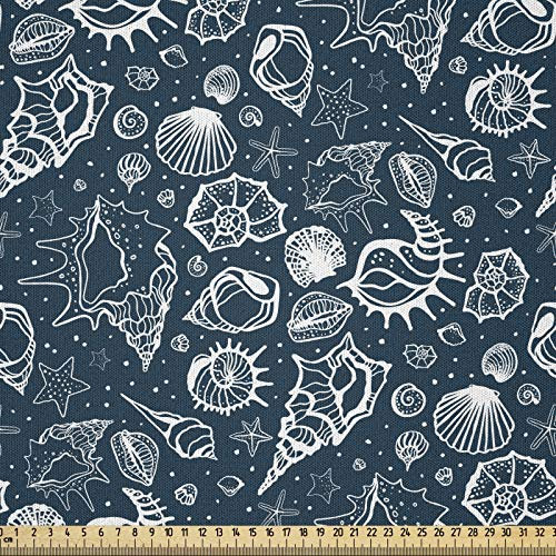 ABAKUHAUS Blau und weiß Stoff als Meterware, Muscheln Kunst, Microfaser Multi Zweck Dekostoff für Kunsthandwerke, 3M (230x300cm),Dunkelblau und Weiß