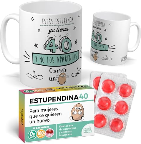 mundohuevo Pack Regalo 40 Años Mujer | Taza Divertida “Estás Estupenda, ya tienes 40 y no los aparentas” + Caramelos de Broma Estupendina | Detalle Original y Gracioso para Cumpleaños