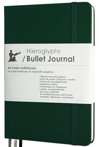 Bullet Journal – A5-anteckningsbok med punkter – med system – 189 numrerade sidor, vikbar innerficka, 3 bokmärken, gummiband för stängning – från Hieroglyphs