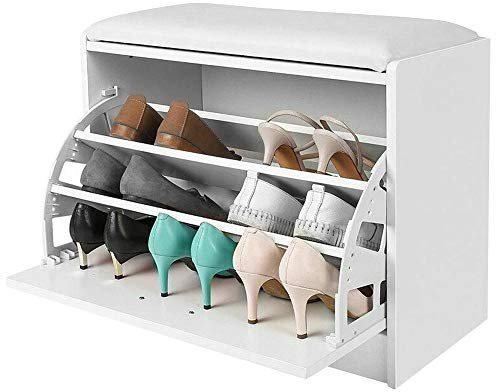 BAKAJI Panca Scarpiera Portascarpe in Legno Con Anta a Ribalta Tripla Profondità e Seduta in Eco Pelle, Cassapanca Dimensioni 60 x 30 x 48 cm (Bianco)