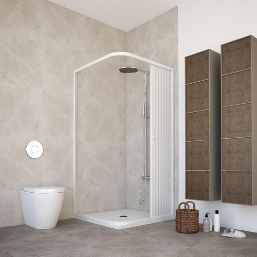 HD CASA Mampara de Ducha Plegable de PVC Modelo Paola, Hoja Única Reversible y Reducible, Apertura Lateral con Perfiles Blancos, Cabina de Ducha Angular Ahorraespacio Made in Italy Moderna