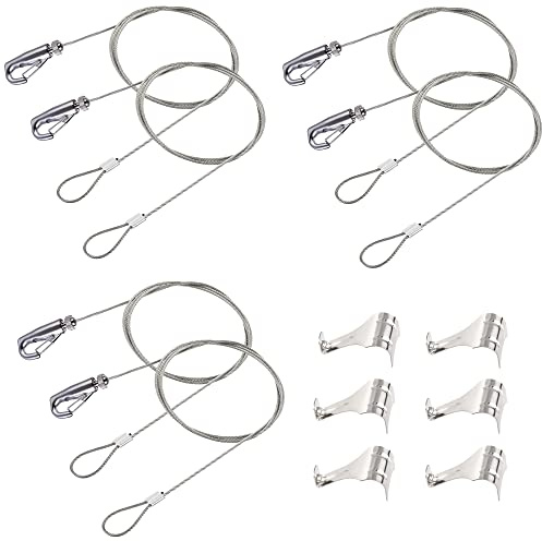 IDGGDI 6 Pack Picture Rail Hooks and Wire Hanging System, 6.5 Ft Wire Cables, Adjustable Hooks & Stainless Steel Picture Molding Hangers for Wall Picture, Exhibition, Art Gallery Display