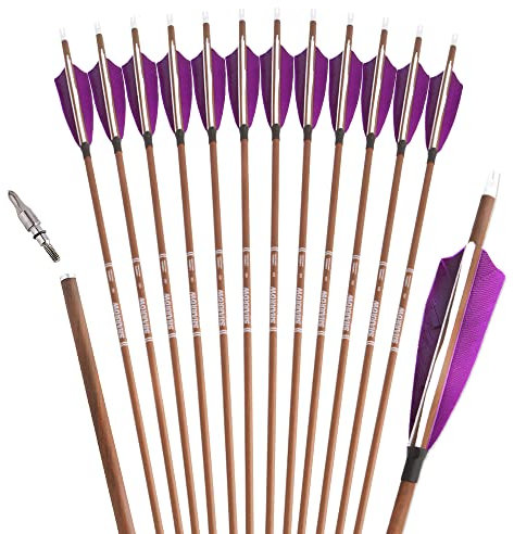 SHARROW 12P 100% Reines Carbon Pfeile 32 Zoll Pfeile für Bogenschießen Spine 340 Zielbogenschießen Jagdpfeile mit 4 Zoll Natürlich Federn Pfeile für Recurvebogen Compoundbogen (Sp 340, Violett)