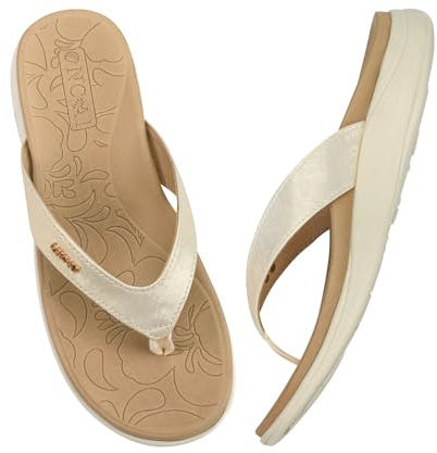 ONCAI Womens Flip Flops,Comfortable Leather Strap Orthotic Arch Support Summer Beach Flip Flops with Soft Cushion Yoga Foam Rubber Soles Beige Size 7.5