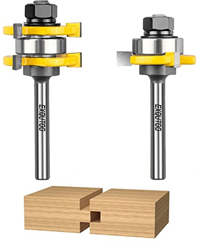 Exqutoo 2 Pieces 3 Teeth T Shape Tongue and Groove Router Bit Set 1/4 Inch Shank, Slot depth 1/4, Slot height 1/4,Shelves & Cabinet,Woodworking Tools (1/4 Shank)