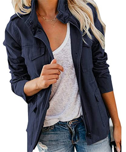 Veste Militaire Multi-Poches pour Femmes Anorak De Terrain Utilitaire à Manches Longues Et Fermeture éClair Veste Slim Spring Fall Outwear (Bleu,S)