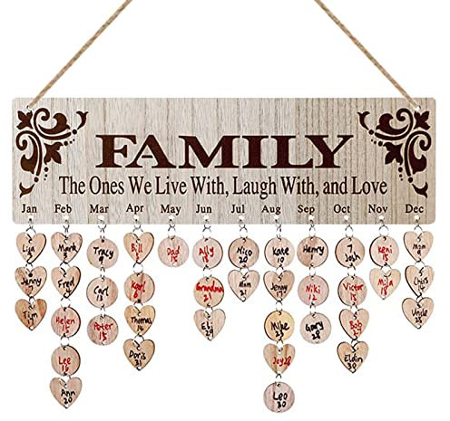 YIEUR 40 cm Wooden Calendar with 100 Pieces Small Wooden Discs, Year-Independent Wall Calendar Gift Reminder for Home Textiles, Birthday Party Memory Plaque, Wall Decoration (Family)