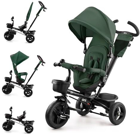 Kinderkraft AVEO Triciclo Bebé, Plegable, Trike, Bicicleta para Niños, Triciclo Evolutivo, Triciclo Sin Pedales, Bicicleta Bebe, Con Accesorios Práctico, Dos Cestas, 9 Meses a 25 kg, Verde