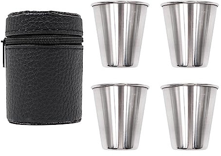 NUZAMAS Set di 4 bicchierini da liquore in acciaio inox da 70 ml, portatili, con custodia in pelle, per escursioni, campeggio, viaggi, picnic