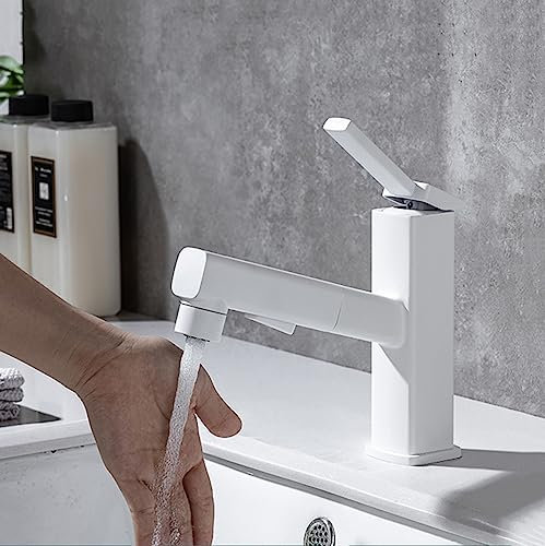 Badarmatur Ausziehbar 3 Betriebsarten 1-Loch Waschtischarmatur mit Brause Für Unterbauwaschbecken,Weiss
