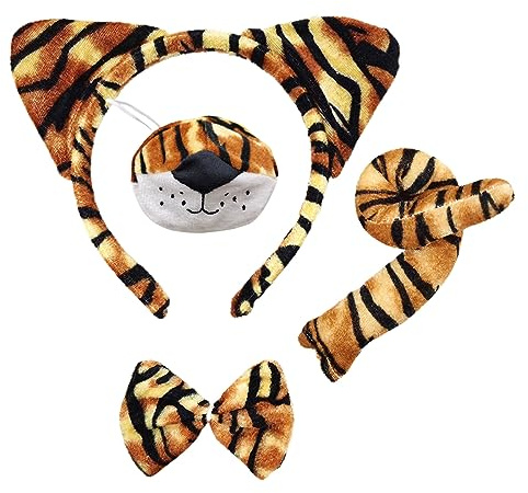 SKHAOVS 4 Stück Tiger Kostüm Set Anzug mit Tigerohren, Schwanz, Nase und Fliege,Tierkostüm-Set,Tiger-Rollenspiel-Kostüm für Erwachsene Kinder Kindertagsspiele Karnevalsparty Cosplay (4 Stück)