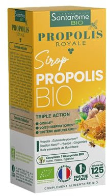 Santarome Bio - Sirop Propolis Bio - Triple action, apaise la gorge & les voies respiratoires - Complément alimentaire immunité - 125 ml - France