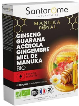 SANTAROME Ginseng Guarana Acérola Gingembre & Manuka Bio - 20 Ampoules | Miel de Manuka MGO230+ - ginseng, guarana, acérola, gingembre + 3 bourgeons - Vitalité et anti-fatigue - Fabriqué en France