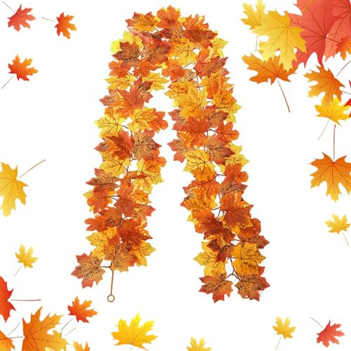 Artificial Maple Leaves Garland - Autumn Decorations for House, Garden, Wall, Doorway, Fireplace - Thanksgiving, Christmas, Halloween