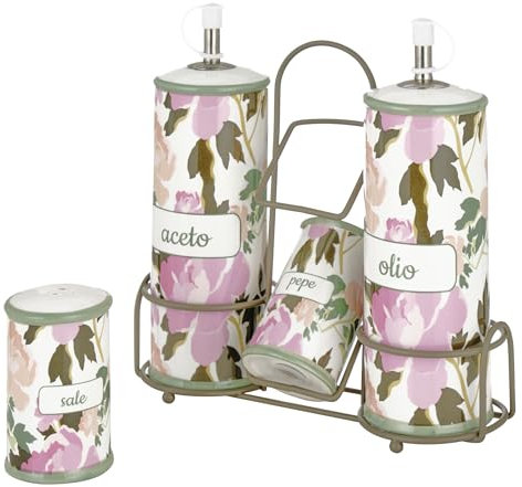Baroni Home Menage Olio Aceto Sale Pepe in Ceramica con Stand in Metallo, Accessorio da Cucina Colorato Resistente, Linea Rose, 21X8X22cm