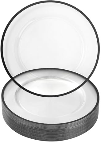 Goodluck 12 Inch Charger Plates, 25 Pack Clear Charger Plates with Black Trim, Plastic Charger Plate Bulk for Dinner, Wedding, Party, Event Decoration, Clear&Black