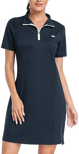 JINSHI Women's Golf Tennis Dress Short Sleeve Stretch Casual Sports Workout Athletic Polo Dresses with Zip Pockets