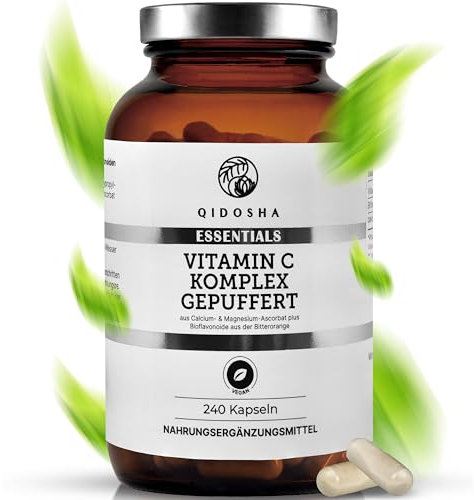 QIDOSHA® Vitamin C Komplex gepuffert plus Bioflavonoide, 240 Kapseln im Apothekerglas, Vitamin C 1000mg, Vit C gepuffert mit Bioflavonoiden aus der Biotterorange, vegan
