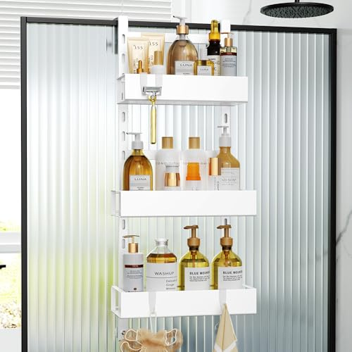 Orimade Mensola per doccia da appendere con ganci, mensola da doccia regolabile senza fori, 3 pezzi, per porta in vetro senza cornice, bianco