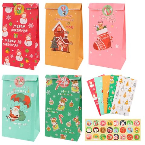 NICKLIN Papiertüten Weihnachten mit Stickern,24 Stück Geschenktüten Weihnachten,Bunte Mitgebsel Tüten mit Aufkleber,Kraftpapier Candy Tüten,Papiertüten Klein für Party,Hochzeit,Feiern