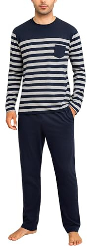 Irdcomps Pyjama Homme Coton Hiver Ensembles de Pyjamas à Rayures Chauds Manches Longues Col Rond Vêtements De Nuit Vêtements de Détente pour Hommes Deux Pièces Confortable Doux Bleu Foncé 3XL