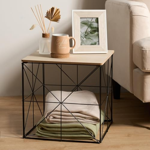 OHS Large Basket Table, Coffee Side Table for Living Room with Storage Books Blankets Accessories Stylish Home Decor Rustic Coffee Table with Lid - 38 x 38 x 38cm