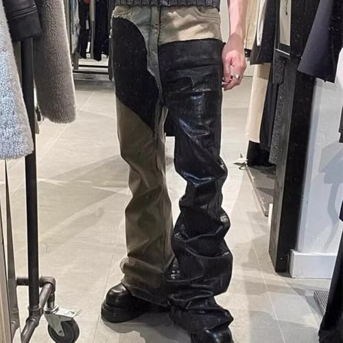 Pantaloni in cera impilati patchwork, stile streetwear Y2K, jeans svasati, unisex alla moda da uomo (M, nero)