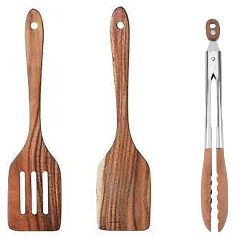 SANTUO 2 Stück Pfannenwender Holz, (30cm) Mit Langem Griff Und Schlitzwender, Küchenzange Grillzange Holz(29cm) Olivenholz Zange, Kchen Spatel Set Schutz Vor Kratzer Für Pfanne